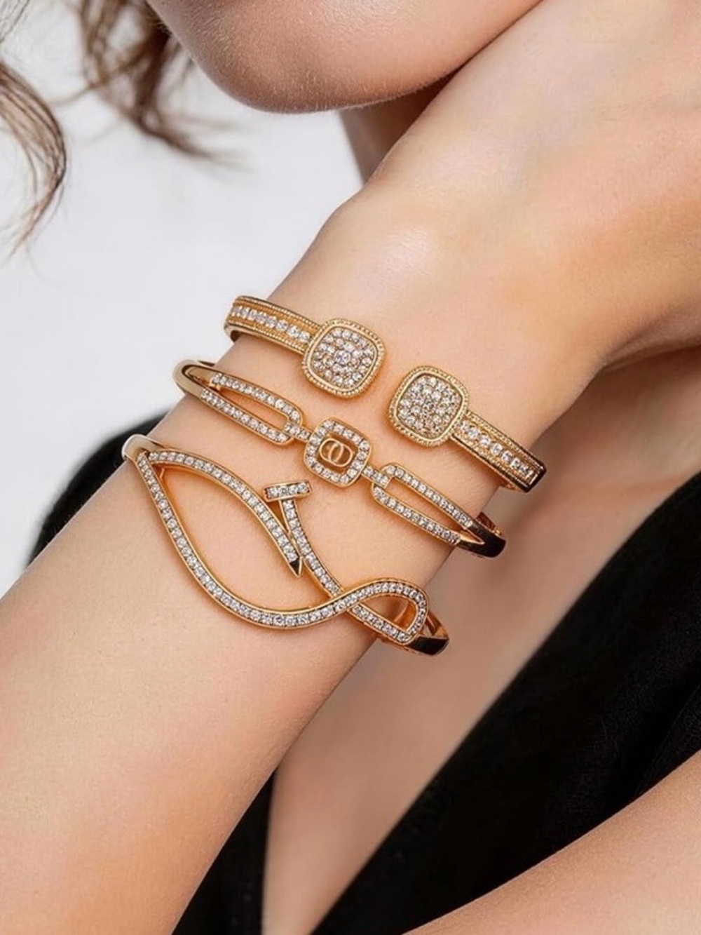 Anthropologie Gold-Tone Crystal Stackable Cuff Bracelet Set